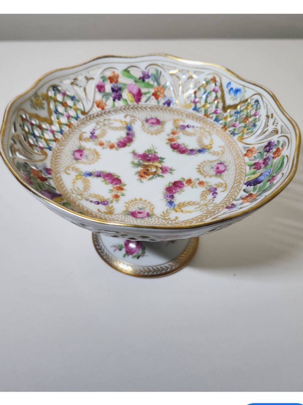 Schumann Bavaria Reticulated Floral Compote Bowl - White with Multicolor Floral